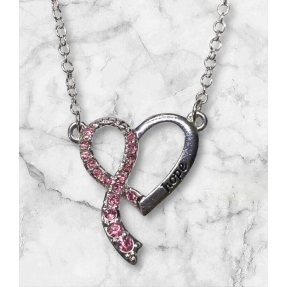 Avon Hope Heart Pink Ribbon Breast Cancer Necklace Silver Tone NWT 2016